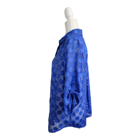 Chicos Size 1 Med 8 Polka Dot Button Down Blouse Roll Tab Sleeves Blue - Picture 2 of 7